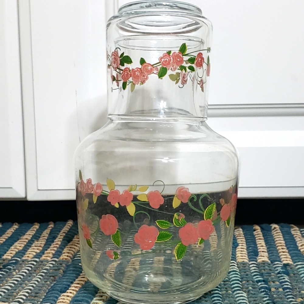 Vintage Hand Painted Bedside Table Carfe & Glass Lid